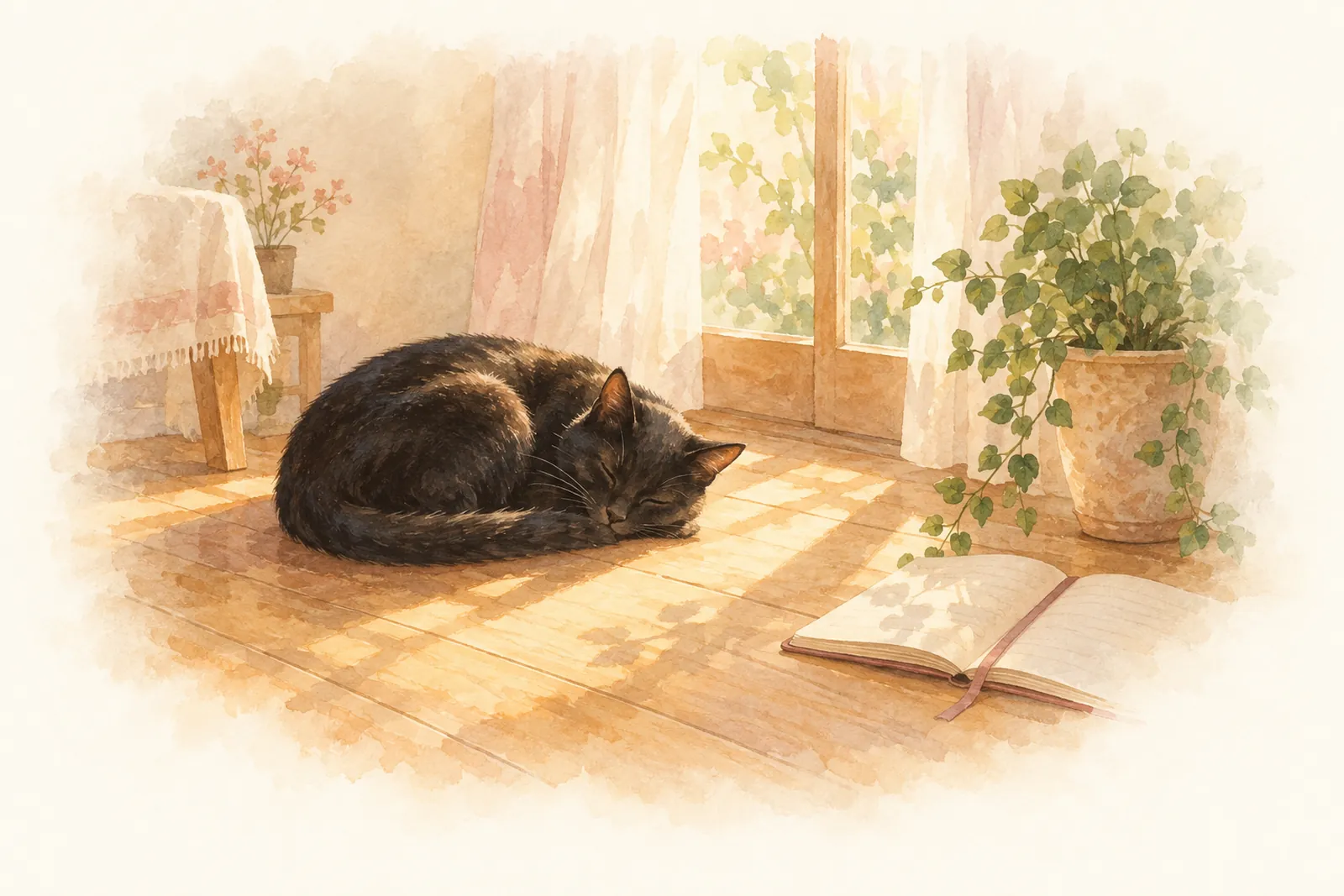 窓辺の陽だまりで眠る黒猫と、床に置かれた日誌